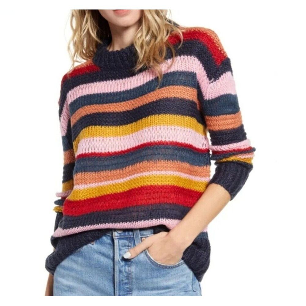 Good Luck Gem‎ Striped Sweater Size Small Open Knit Pullover Multi Color